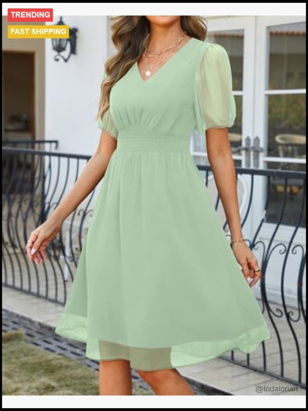 Chiffon Summer Casual Dress V Neck Short Sleeves Smocked Waist Swing - Picture 4 of 6